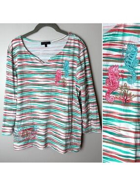 Bua Bua Top Size Large 3/4 Sleeves Embroidered Seahorses Seashells Cotton Stripe